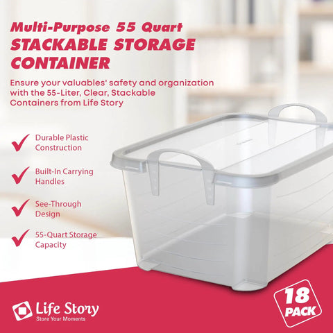 Heavy Duty Stackable Storage Bins Eighteen Pack White Plastic 55 Quart Home Organizers shown with clear design and built-in handles.