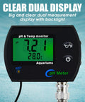 Heavy Duty PH And Temperature Water Quality Tester Meter With Automatic Temperature Compensation And Illuminated Screen, dual display reading pH and temperature.