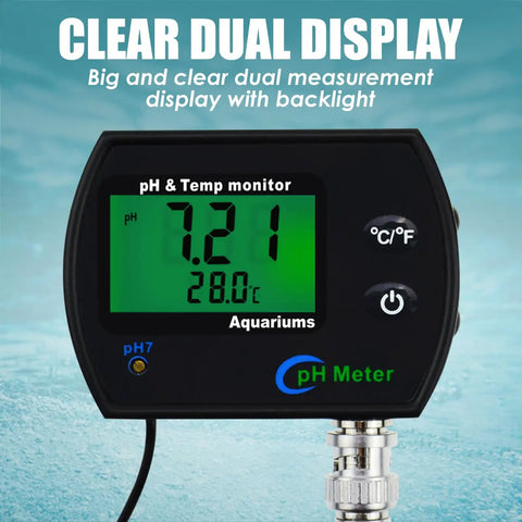 Heavy Duty PH And Temperature Water Quality Tester Meter With Automatic Temperature Compensation And Illuminated Screen, dual display reading pH and temperature.