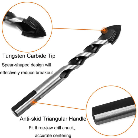 QWORK 8-piece multi-material drill bit set with tungsten carbide tips; front view of spiral bit with twisted flutes.