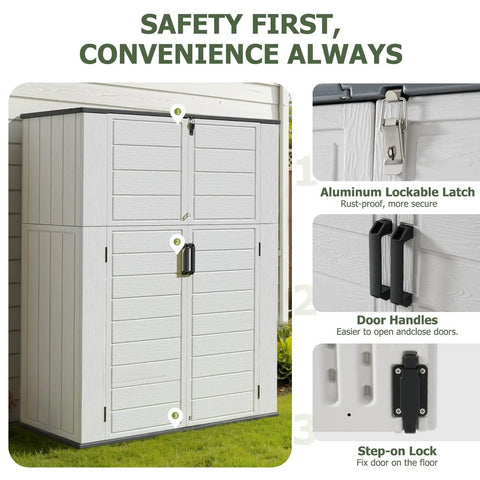 61 Cu Ft Outdoor Storage Shed With 56 Inch Wide Design, Waterproof Resin Cabinet With Floor, door handles, and lock.