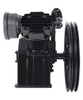 Hefty Cast Iron Twin Cylinder Replacement Air Compressor Pump Head Crushing It With Serious CFM Output For Impact Wrenches And Blasting Jobs With Bulletproof Construction side view of cast iron pump head with fan and cylinder features.