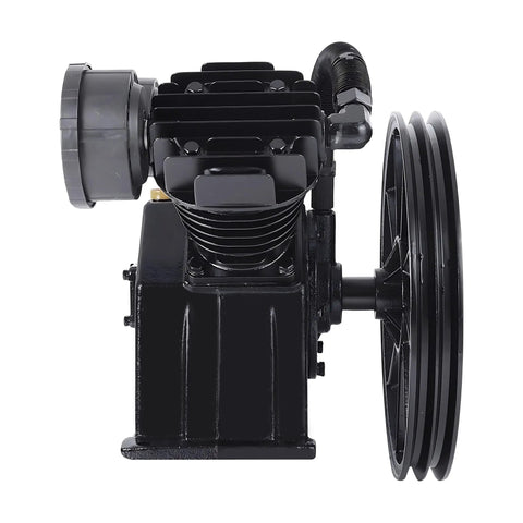 Hefty Cast Iron Twin Cylinder Replacement Air Compressor Pump Head Crushing It With Serious CFM Output For Impact Wrenches And Blasting Jobs With Bulletproof Construction side view of cast iron pump head with fan and cylinder features.