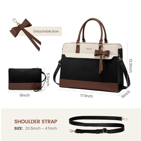 Women Laptop Tote Bag Waterproof Leather Work Bag Spacious Computer Handbag With Durable Bottom Feet Boss Lady Style Large Briefcase For Office And Travel Teacher Gift Idea For Her, featuring black and brown design with bow and shoulder strap.