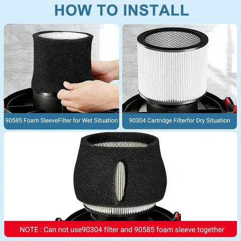 Installation steps for 2-Pack Cartridge Filter Kit With Lids, 4 Foam Sleeves, And Cleaning Brush For 90304 Series Wet Dry Vacuums