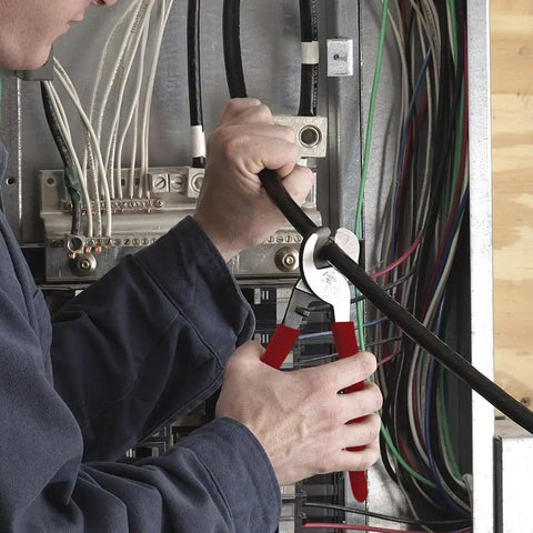 Beefy Heavy Duty Cable Cutter For Aluminum, Copper And Communications Cable With One-Hand Operation used in an electrical setup
