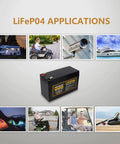 12V 10Ah LiFePO4 Deep Cycle Battery With Built In 10A BMS For Solar Off Grid Lighting Fish Finder Power Wheels And Ride On Toys displayed with application images