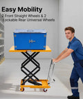 Heavy Duty Hydraulic Lift Table Cart Featuring 770 Pound Load Capacity And Rock Solid Double Scissor Mechanism For Warehouse Operations Makes Daily Hauling A Total Breeze, maneuvered by person with toolbox.