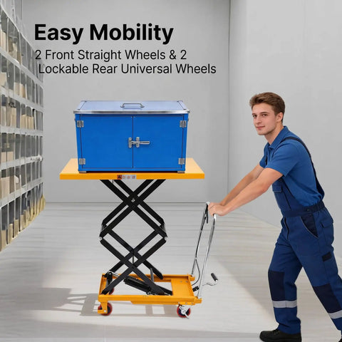 Heavy Duty Hydraulic Lift Table Cart Featuring 770 Pound Load Capacity And Rock Solid Double Scissor Mechanism For Warehouse Operations Makes Daily Hauling A Total Breeze, maneuvered by person with toolbox.