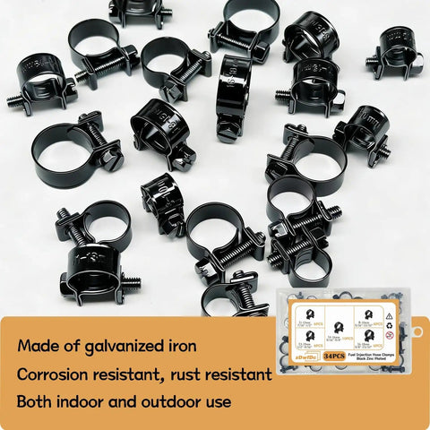34 Piece Fuel Line Clamps Set In Five Sizes From One Quarter Inch To Five Eighths Inch Heavy Duty Hose Clips For Auto Gas Diesel