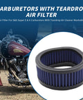 Image of 12-579 High Flow Motorcycle Air Cleaner Washable Teardrop Filter Replacement For Harley S And S Super E And G Series Carburetors next to a motorcycle, showing blue filter element.