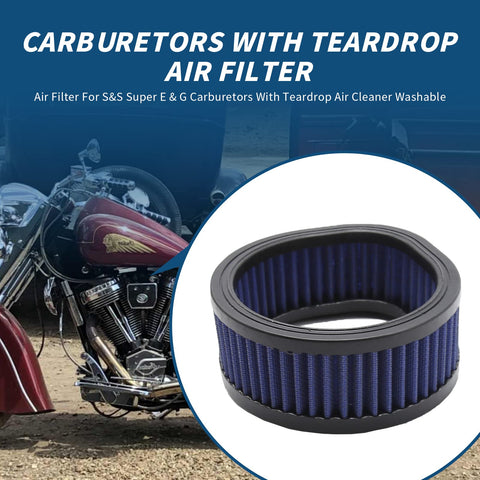 Image of 12-579 High Flow Motorcycle Air Cleaner Washable Teardrop Filter Replacement For Harley S And S Super E And G Series Carburetors next to a motorcycle, showing blue filter element.