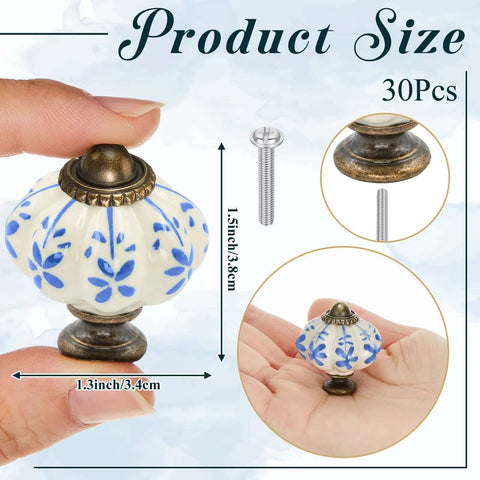 Cool Blue Pumpkin Ceramic Cabinet Knobs, 30 Pack With Mounting Screws, Retro Dresser Pulls, size dimensions shown in hand