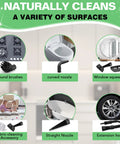 Heavy Duty Pressurized Handheld Steam Cleaner With Ten Piece Accessory Set showing round brushes, curved nozzle, and extension hose.