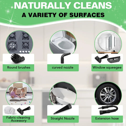 Heavy Duty Pressurized Handheld Steam Cleaner With Ten Piece Accessory Set showing round brushes, curved nozzle, and extension hose.