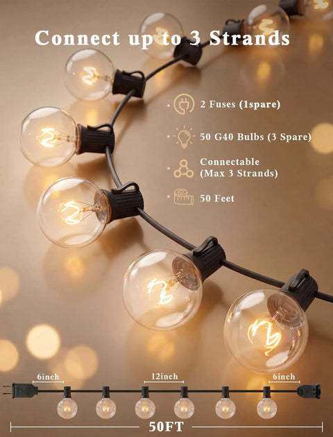 50 Foot G40 Globe Outdoor String Lights With 53 Bulbs And 3 Spares Waterproof For Patio Balcony Yard Party Wedding Market Cafe End To End Design Easy Hang Vibe Warm White Glow showing connectable design with dimensions