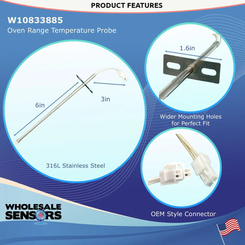 Oven Temperature Sensor Replacement For W10833885 And W10586204 With OEM Grade Fit, includes stainless steel probe and connector.