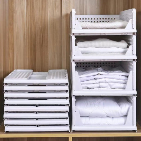Four Pack Foldable Wardrobe Storage Boxes stacked in closet, showing collapsible Plastic Closet Organizer Baskets with folded clothes.