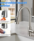 Top Shelf Pull Down Faucet Sprayer Head Replacement Heavy Duty Rust Resistant Stainless Steel With Nine Quick Snap Adapters For Hassle Free Kitchen Sink Swaps Brushed Nickel installed on kitchen sink with removable aerator.