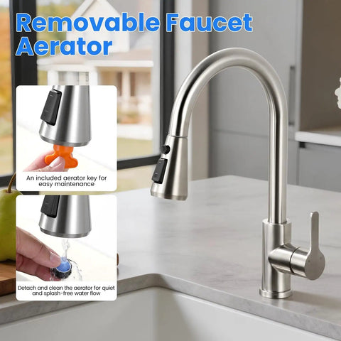 Top Shelf Pull Down Faucet Sprayer Head Replacement Heavy Duty Rust Resistant Stainless Steel With Nine Quick Snap Adapters For Hassle Free Kitchen Sink Swaps Brushed Nickel installed on kitchen sink with removable aerator.