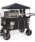All Terrain Folding Wagon Cart With Canopy And Brakes, Collapsible Shopping Wagon for Camping, dog sitting inside, big wheels visible