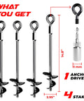 Image of 15 Inch Ground Anchors Screw In For Heavy Duty Wind Protection with 4 spiral stakes and 1 anchor driver.