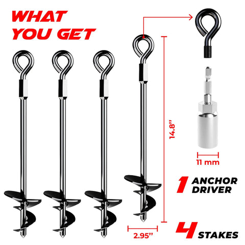 Image of 15 Inch Ground Anchors Screw In For Heavy Duty Wind Protection with 4 spiral stakes and 1 anchor driver.