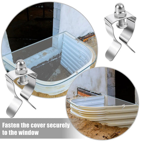 12 Piece Window Well Cover Clips Kit Includes Nuts Screws And Gaskets For Basement Egress And Exterior Courtyard Use Heavy Duty Steel Durable Steel Construction For Tough Outdoor Conditions And Easy Retrofit For Contemporary Basements And Courtyards., 60 mm steel clip securing window well cover on basement egress wall