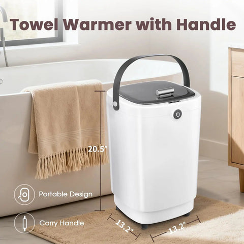Bucket Style Towel Warmer For Bathroom, Luxury Large Spa Heater with handle, shown beside bathtub with towels.