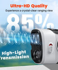 Close-up of Golf Rangefinder With Slope And Red Backlight, 1500-Yard Laser demonstrating 85% lens light transmission
