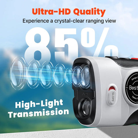 Close-up of Golf Rangefinder With Slope And Red Backlight, 1500-Yard Laser demonstrating 85% lens light transmission