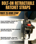 Beefy Heavy Duty Retractable Ratchet Straps 1 Inch By 12 Feet With 1760 Lbs Break Strength Cargo Securing System For Motorcycle UTV ATV And Trailer Black 4 Pack in bolt-on setup demonstration