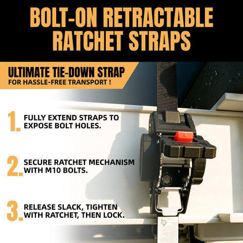 Beefy Heavy Duty Retractable Ratchet Straps 1 Inch By 12 Feet With 1760 Lbs Break Strength Cargo Securing System For Motorcycle UTV ATV And Trailer Black 4 Pack in bolt-on setup demonstration