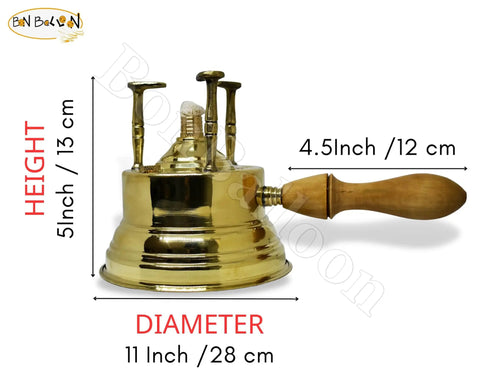 Hand Hammered Old School Brass Copper Turkish Greek Coffee Burner For Tabletop Large Size Alcohol Burner Maker With Wooden Handle Handmade Arabic Egyptian Style Decanter, showing size dimensions.