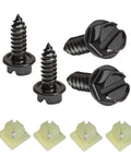 Heavy Duty Black License Plate Screws Set With Rustproof Finish Self Tapping Bolts For Front And Rear Plates On Cars Trucks SUVs Motorcycles And RVs Nylon Mounting Base Premium Stainless Steel Hardware 4 Pack visible with nylon bases