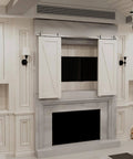 Dope 48 Inch Double Cabinet Barn Door Hardware Kit Stainless Steel Top Mount Rail on white cabinets in living room.