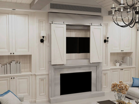 Dope 48 Inch Double Cabinet Barn Door Hardware Kit Stainless Steel Top Mount Rail on white cabinets in living room.