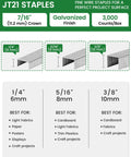 Assorted Jt21 Fine Wire Staples For Staple Gun Galvanized Upholstery Nails 1/4 5/16 3/8 Inch 7/16 Crown Refill showcasing staple sizes.