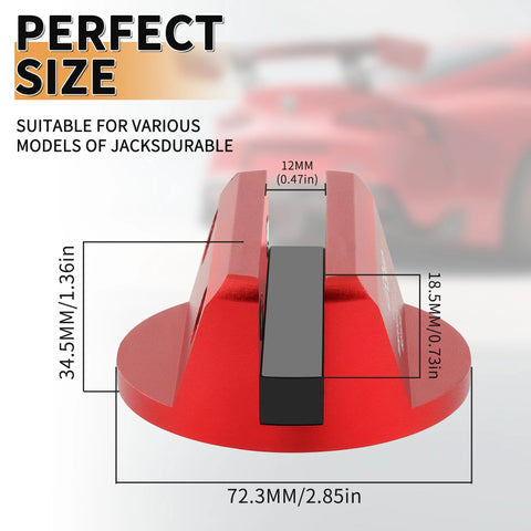 Front view of LIFSHP red aluminum grooved magnetic jack pad with two arms and central block; 72.3mm base diameter.