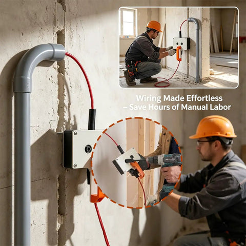 Compact Drill Powered Wire Puller Featuring Slick Conduit Fish Tape Grip on wall for effortless wiring performance in renovations.