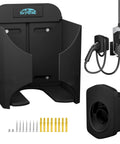 Tough As Nails Wall Mount EV Charger Holder And Cable Organizer Set With Adjustable Nozzle Holster Dock For SAE J1772, black ABS material.