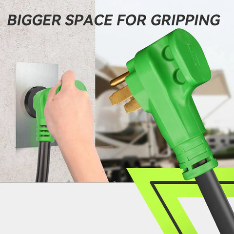 Hand gripping green plug of Extra Heavy Duty 50 Amp RV Extension Cord 25 Foot Length for easy connection.