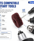 1 1 2 Inch Medium Grit Satin Finish Abrasive Buff Wheel With 1 8 Inch Shank Mounted For Rotary Tools And Flex Shaft shown with tools.
