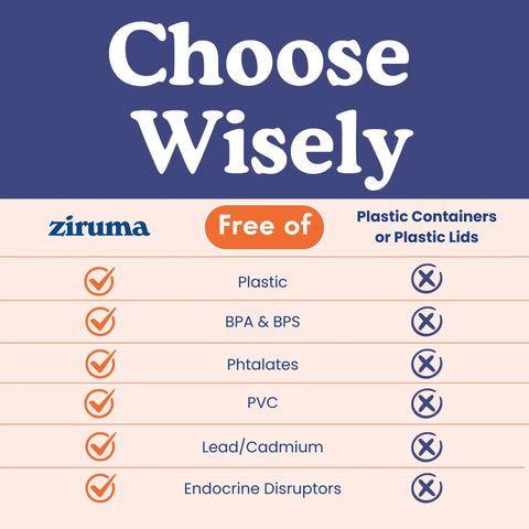 Comparison chart for non-toxic glass storage versus plastic containers highlighting chemical-free benefits