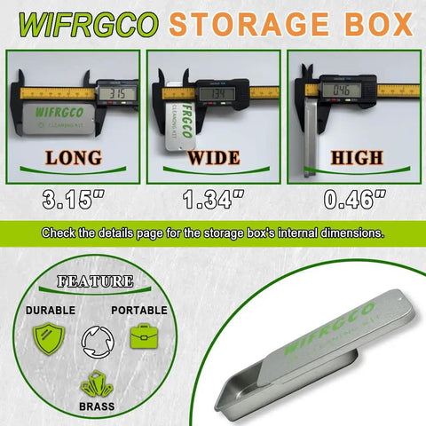 WIFRGCO brass storage box with dimensions 3.15 x 1.34 x 0.46 inches, durable and portable design, caliper measurements shown.