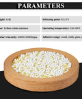 No Nonsense Heavy Duty Hot Melt Edgebander Glue 11 Lb High Viscosity Adhesive Pellets in wooden bowl with yellow and white mixture.