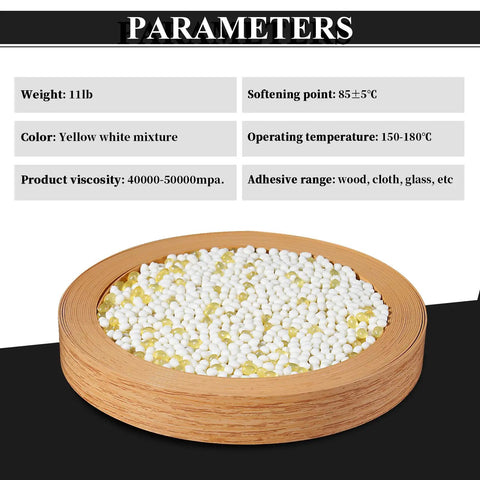 No Nonsense Heavy Duty Hot Melt Edgebander Glue 11 Lb High Viscosity Adhesive Pellets in wooden bowl with yellow and white mixture.
