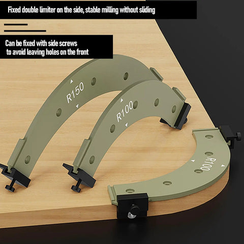 Boss Level Router Radius Template Set With Removable Jig For Flawless Edge Rounding R100 R150 R200 R250 R300 showing fixed limiters on the side for stability.