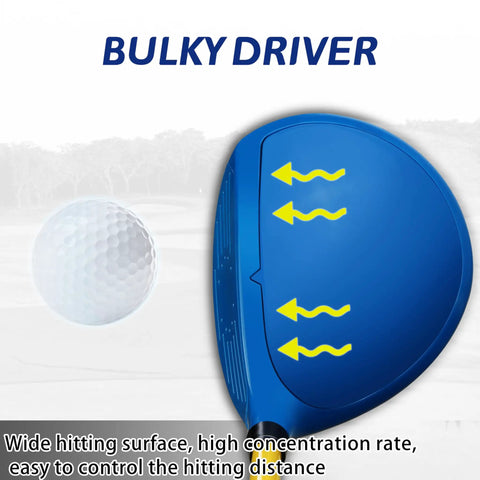 Blue bulky driver from Kid Friendly Beginner Golf Club Set With Wood Iron And Putter, 3 Balls And Bag, highlighting wide hitting area