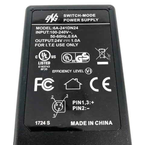 Back view of Worldwide 24W AC Adapter 24V 1A Switching-Mode Power Supply With Cord 3-Pin Connector 100-240V Input Easy Plug And Play Model 6A-241DN24 Compatible showcasing specifications and compliance logos.